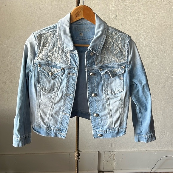Miss me crop button front yoke lace denim jacket M - Picture 1 of 4